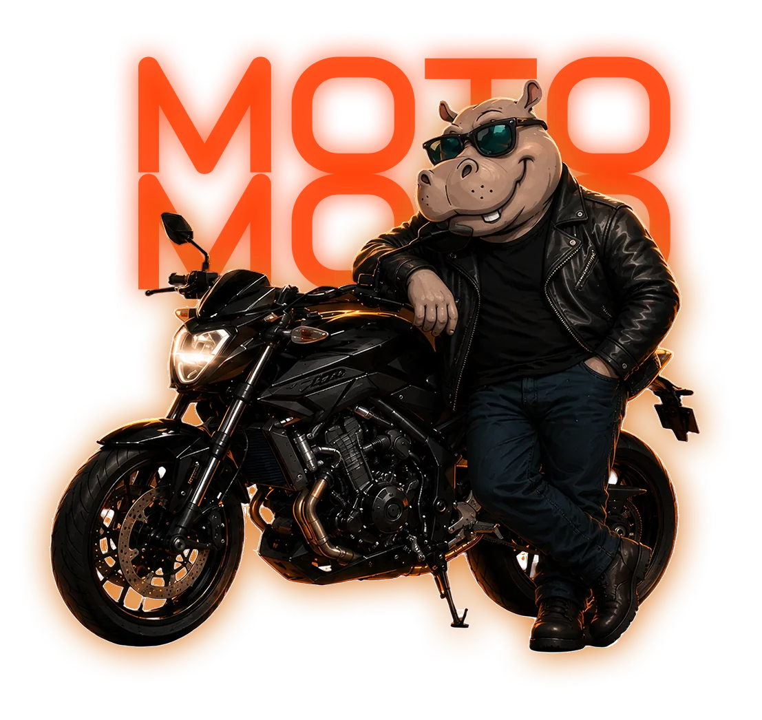 Motociclista mascote da Moto Moto sobre uma moto